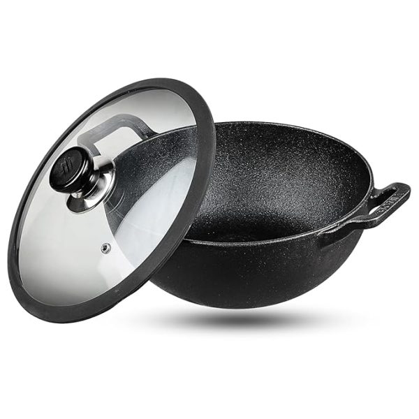 Vinod Legacy Pre Seasoned Cast Iron Kadai with Glass Lid - 4.3 Litre, 26 cm